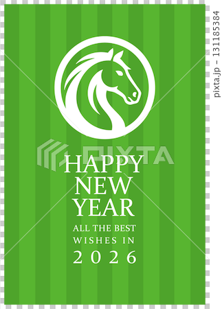 2026 年新年賀卡，帶有馬的插圖、綠色背景和簡單的問候設計 131185384