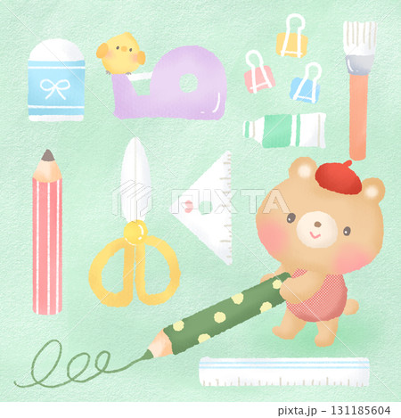 文具_色鉛筆で描くクマ 消しゴム テープ はさみ 文具_色鉛筆で描くクマ 消しゴム テープ はさみ 131185604
