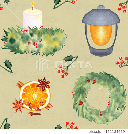 Wreaths, lantern, candle, holly, orange slice, cinnamon, watercolor seamless pattern on textured paper. Perfect for Christmas cards, textile, stationary, scrapbooking, wrapping paper, seasonal design. Wreaths, lantern, candle, holly, orange slice, cinnamon, watercolor seamless pattern on textured paper. Perfect for Christmas cards, textile, stationary, scrapbooking, wrapping paper, seasonal design. 131185639