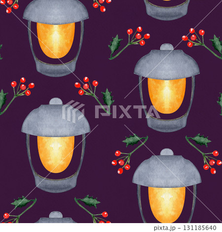 Glowing lanterns and red holly berries watercolor seamless pattern on dark background. Ideal for wrapping paper, fabric, winter invitations, festive backgrounds, holiday decor, seasonal craft projects 131185640