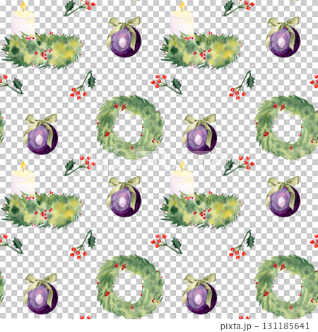 Candles, pine branches, holly berries, baubles, and garland watercolor seamless Christmas pattern isolated on white. Ideal for wrapping paper, fabric, festive backgrounds, holiday crafts, invitations Candles, pine branches, holly berries, baubles, and garland watercolor seamless Christmas pattern isolated on white. Ideal for wrapping paper, fabric, festive backgrounds, holiday crafts, invitations 131185641
