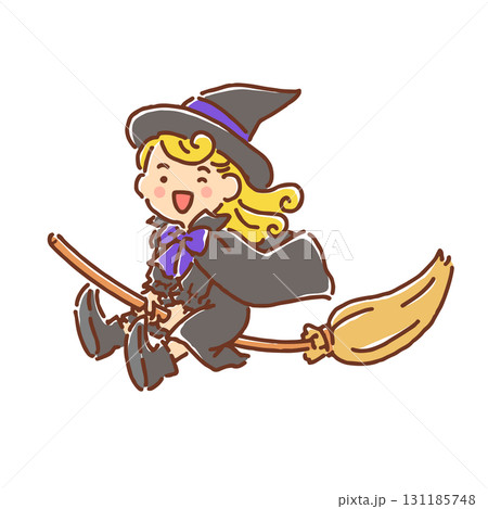 ほうきにまたがっている笑顔の魔女の女の子（フルカラー） 131185748