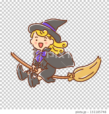 ほうきにまたがっている笑顔の魔女の女の子（フルカラー） 131185748