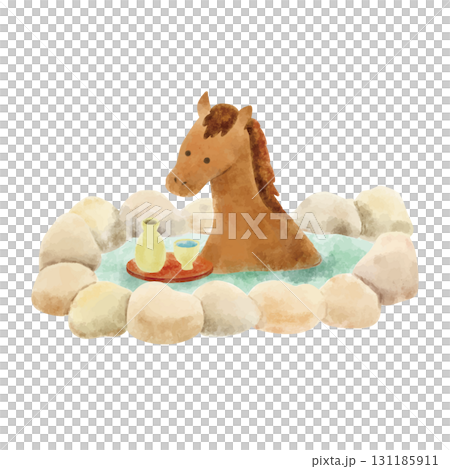 一匹馬進入溫泉的水彩插圖 131185911