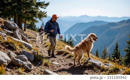 A person is seen walking their dog down a mountain trail 131185942