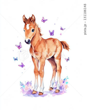 Brown Foal Surrounded by Butterflies in a Colorful Illustration With a Whimsical Atmosphere 131186148