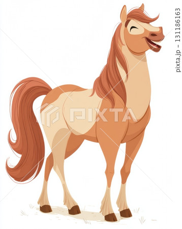 Happy Brown Horse With Long Mane Standing in a Playful Pose Against a White Background Happy Brown Horse With Long Mane Standing in a Playful Pose Against a White Background 131186163