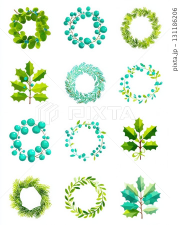 Decorative Wreaths in Various Styles Featuring Green Foliage and Blue Berries for Seasonal Celebrations and Home Decor Ideas Decorative Wreaths in Various Styles Featuring Green Foliage and Blue Berries for Seasonal Celebrations and Home Decor Ideas 131186206