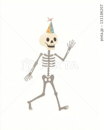 Skeleton Wearing a Party Hat Walking and Waving to Celebrate a Festive Occasion in a Cheerful and Playful Spirit 131186207