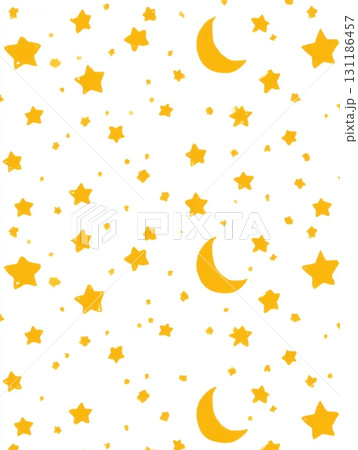 Colorful Pattern Featuring Yellow Moons and Stars on a Bright White Background Creates a Playful and Whimsical Atmosphere Suitable for Various Designs 131186457