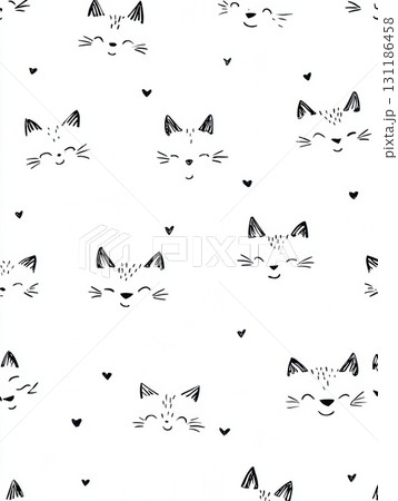 Cute Black and White Cat Pattern Featuring Smiling Faces and Hearts Creating a Cheerful and Playful Atmosphere 131186458