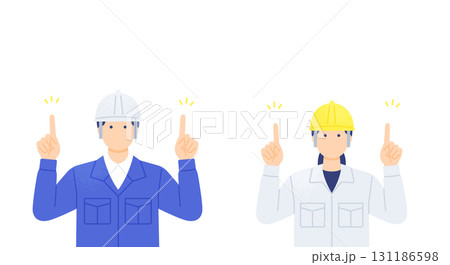 ヘルメットを被った男女の作業員が指差しで注目を促すイラスト 131186598