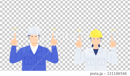 ヘルメットを被った男女の作業員が指差しで注目を促すイラスト 131186598
