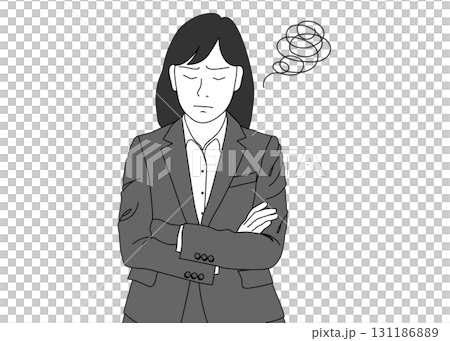 Illustration of a worried business woman with her arms folded, front view, monochrome 131186889