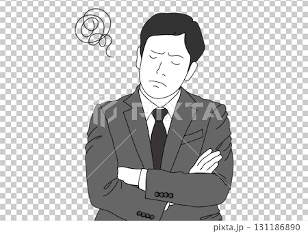 一位憂心忡忡的商人雙臂交叉的插圖，正面圖，單色 131186890