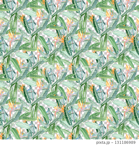 Bird of paradise flower, lush leaves seamless watercolor tropical pattern on white background. Bright and exotic design ideal for fabric, wallpaper, wrapping paper, summer-themed decorative projects. 131186989