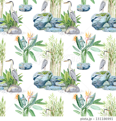 Asian-inspired landscape with herons, tropical plants, stones and water. Watercolor seamless pattern isolated on white. Perfect for botanical designs, exotic patterns, nature themes, zen-style 131186991