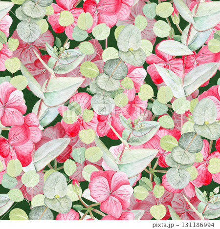 Eucalyptus, pink geranium on a green background. Seamless watercolor pattern. Hand-painted design perfect for textile, gift wrapping, wedding invitations, packaging, stationery, spring-summer decor 131186994