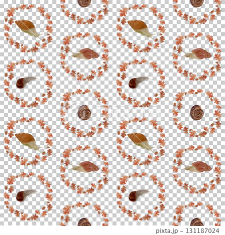 Snails inside autumn wreaths of oak leaves and acorns on a white background. Seamless watercolor pattern perfect for fabric prints, gift wrapping, stationery, wallpapers, and eco-themed products. Hand 131187024