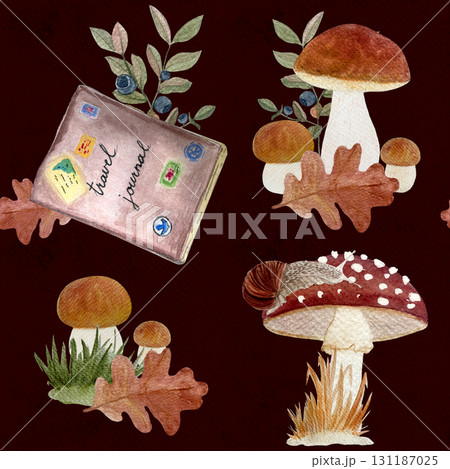 Travel journal, mushrooms, oak leaves, blueberry branches watercolor seamless pattern on textured brown. Hand-painted autumn design ideal for fabric, wrapping paper, seasonal stationery, stickers Travel journal, mushrooms, oak leaves, blueberry branches watercolor seamless pattern on textured brown. Hand-painted autumn design ideal for fabric, wrapping paper, seasonal stationery, stickers 131187025