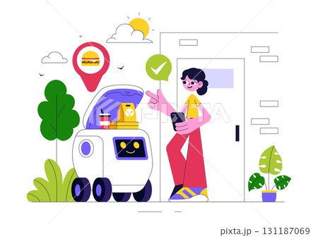 Food Delivery Robot Service Vector Illustration Featuring an AI Robot Serving Boxed Meals in a Restaurant with a Modern Robotic Waiter System Design 131187069