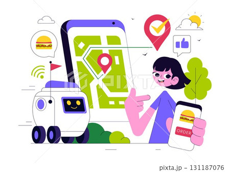 Food Delivery Robot Service Vector Illustration Featuring an AI Robot Serving Boxed Meals in a Restaurant with a Modern Robotic Waiter System Design 131187076