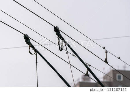 Trolleybus current collectors against a cloudy sky. 131187125