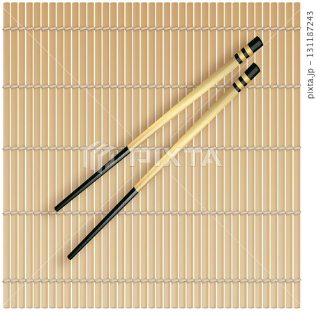 Bamboo sushi mat for table. Japanese bamboo sushi roller. Kitchen utensil for maki making. Vector 131187243