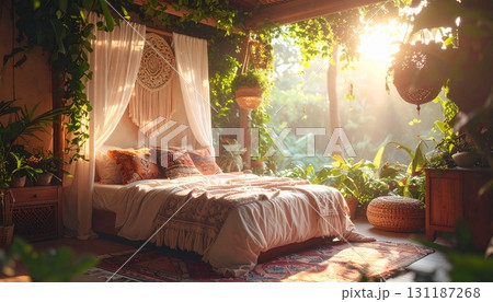 自然と調和する癒しの時間：ボタニカルなボヘミアンベッドルーム 131187268