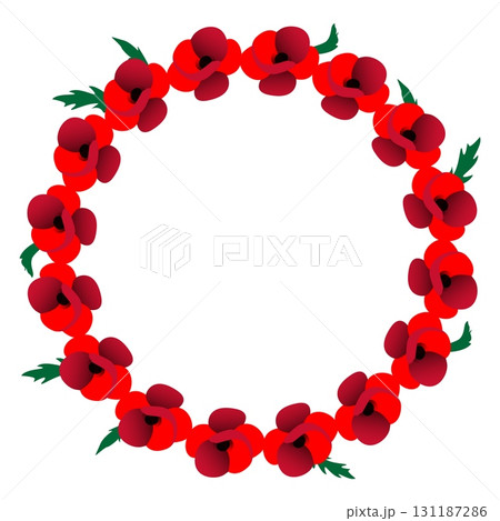 Vector illustration of circle frame with red poppies and green leaves on white background Vector illustration of circle frame with red poppies and green leaves on white background 131187286