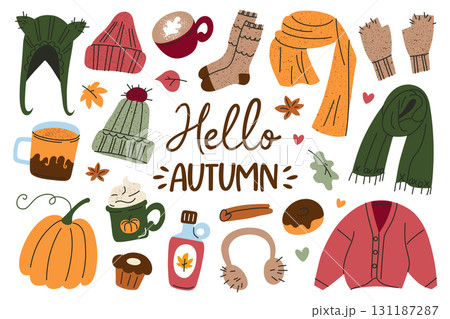 Collection of cozy autumn elements with pumpkin, coffee cups, scarves, hats, socks, and fall leaves, flat cartoon vector illustrations for seasonal design, greeting cards, posters and decoration set Collection of cozy autumn elements with pumpkin, coffee cups, scarves, hats, socks, and fall leaves, flat cartoon vector illustrations for seasonal design, greeting cards, posters and decoration set 131187287
