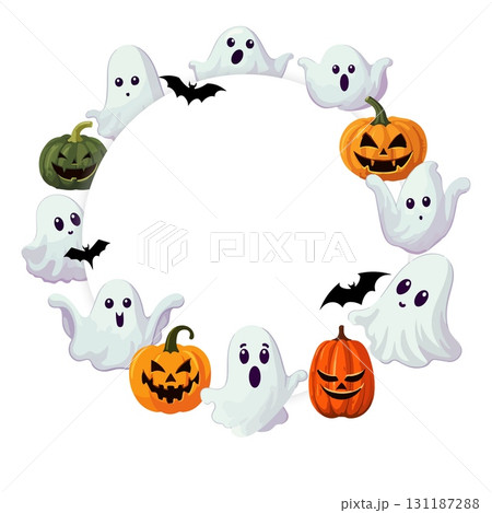 Vector circle frame with ghosts and orange Jack pumpkins for Halloween design isolated on white background Vector circle frame with ghosts and orange Jack pumpkins for Halloween design isolated on white background 131187288