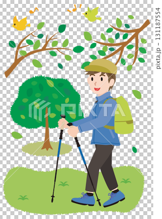 Illustration of a man trekking in the forest Illustration of a man trekking in the forest 131187554