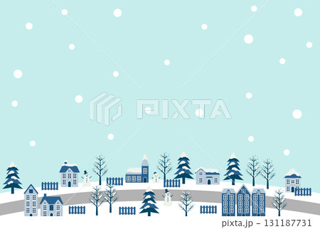 寒中見舞い、昼、雪、冬、街並み、かわいい、シンプル、背景、イラスト、はがき 131187731