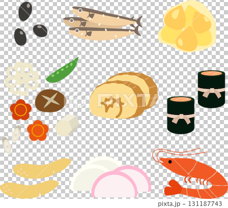 年賀・お正月デザインに使えるおせち料理イラスト素材セット 131187743