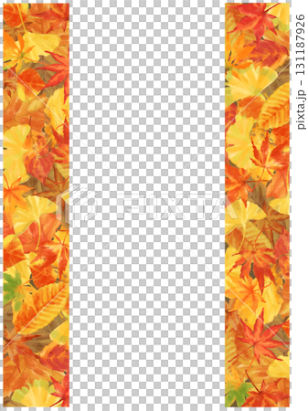 色とりどりに紅葉した落ち葉のフレーム　左右縦の帯デコレーション　水彩タッチのイラスト 131187926