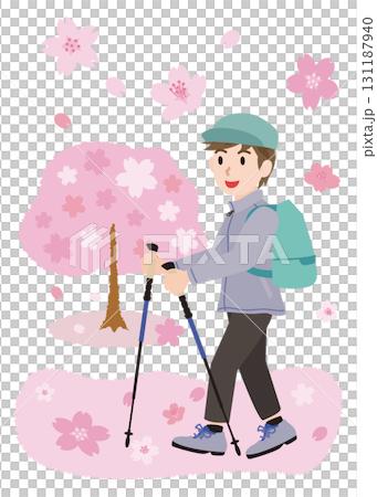 Illustration of a man trekking in spring Illustration of a man trekking in spring 131187940