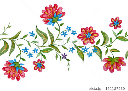 Seamless border in folk style with flowers and leaves. Watercolor illustration, Indian ornament Seamless border in folk style with flowers and leaves. Watercolor illustration, Indian ornament 131187980