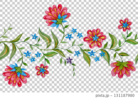Seamless border in folk style with flowers and leaves. Watercolor illustration, Indian ornament Seamless border in folk style with flowers and leaves. Watercolor illustration, Indian ornament 131187980