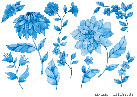 Elegant set with blue flowers and leaves. Watercolor floral print. 131188338