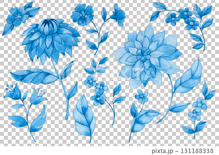 Elegant set with blue flowers and leaves. Watercolor floral print. Elegant set with blue flowers and leaves. Watercolor floral print. 131188338
