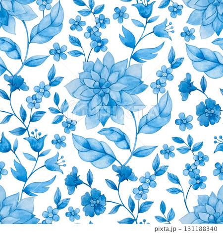 Seamless elegant pattern with blue flowers and leaves. Watercolor floral print. 131188340