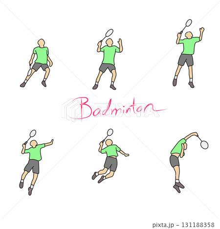 stop motion male badminton player doing smash shot illustration vector hand drawn with black lines 131188358