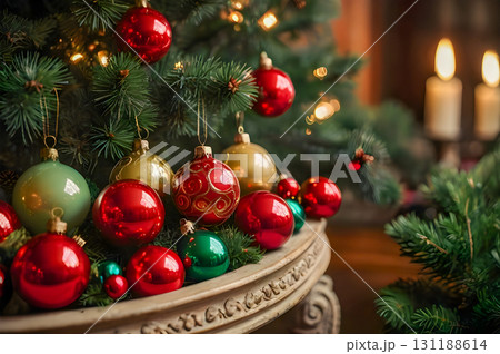 decorated christmas tree with balls 131188614