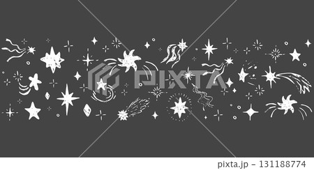 Star border spark white crayon bling falling stars textured hand drawn divider on dark background. Simple chalk festive shiny space elements, festive lights  131188774