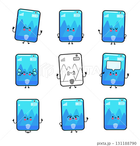 Cute smartphone mascot character showing diverse emotions Cute smartphone mascot character showing diverse emotions 131188790