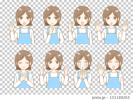 8 facial expressions of a woman in an apron, housewife, bust up 8 facial expressions of a woman in an apron, housewife, bust up 131189263