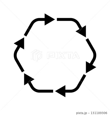 6本の黒矢印が循環する角丸六角形のベクターイラスト素材 131189306