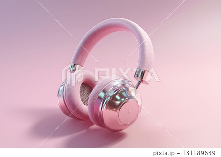 Stylish pink headphones resting on a soft pastel gradient background for a modern audio aesthetic 131189639