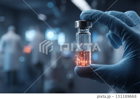 Professional medical workers holding a vial of medication in a clinic setting during an advanced treatment session 131189668